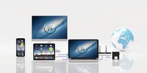 Array of electronic devices including smartphones, a tablet, a laptop, a router, and a globe, showcasing connectivity and technology.