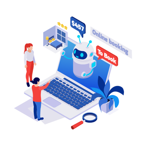 Illustration of a chatbot assisting two users with online booking displayed on a laptop screen, emphasizing digital interaction and customer service.