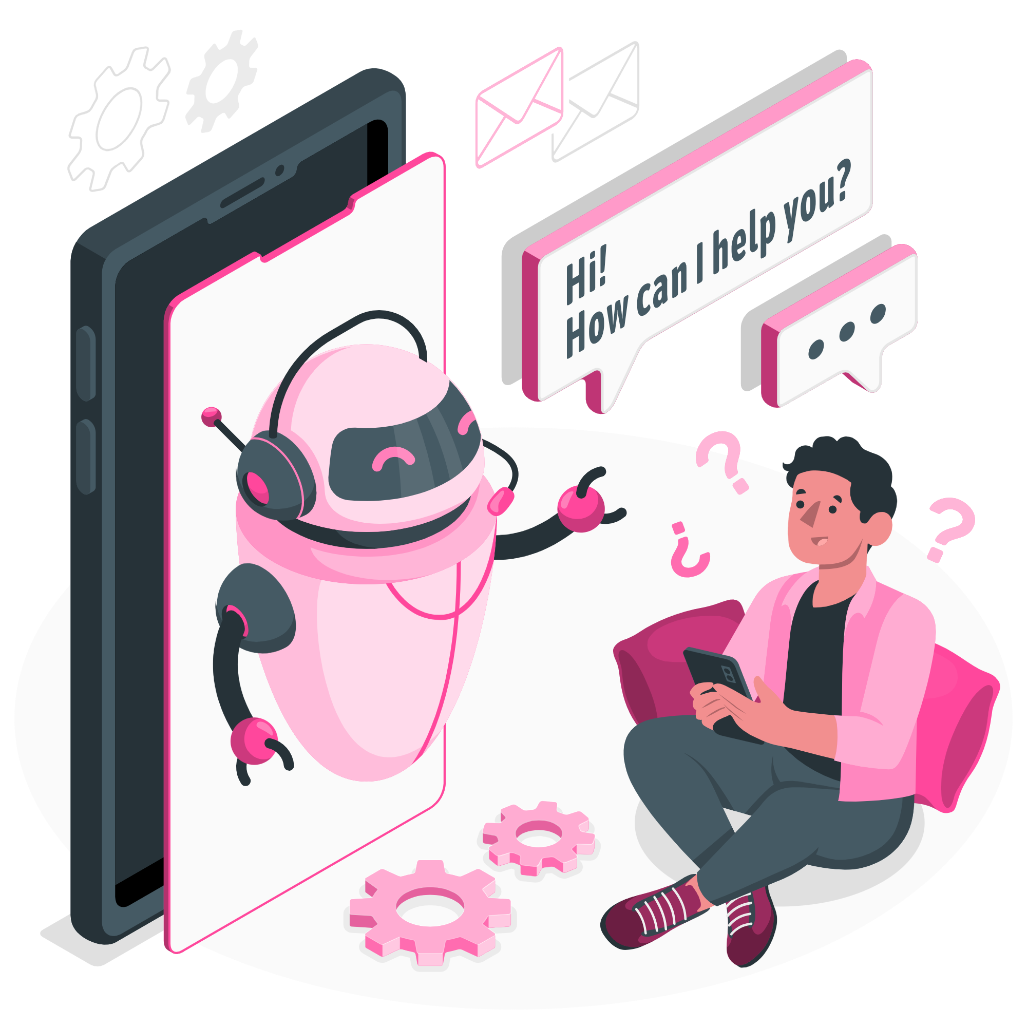 Colorful illustration of a man interacting with a friendly chatbot emerging from a smartphone, with speech bubbles displaying greetings and assistance offers.