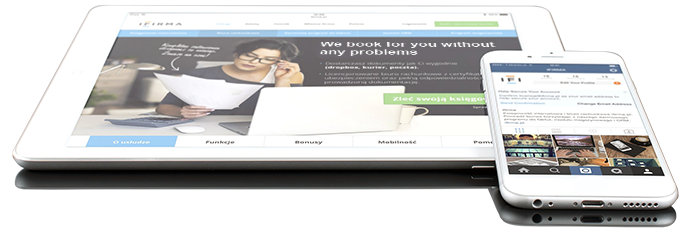 Array of devices including a tablet and smartphone displaying a business website and social media page, emphasizing digital accessibility and connectivity.