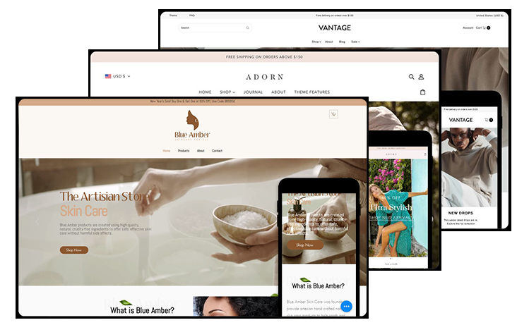 Collage of various device screens displaying different websites, showcasing their online presence and product offerings.