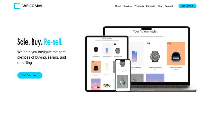 Website homepage for e-commerce company displaying a banner with the text 'Sale. Buy. Re-sell.' above a graphic showing a laptop and tablet with online shopping screens, offering services for navigating the complexities of buying, selling, and re-selling.