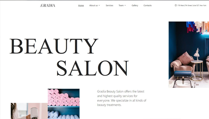 Homepage of a Beauty Salon website featuring a stylish waiting area and text highlighting their services in beauty treatments.