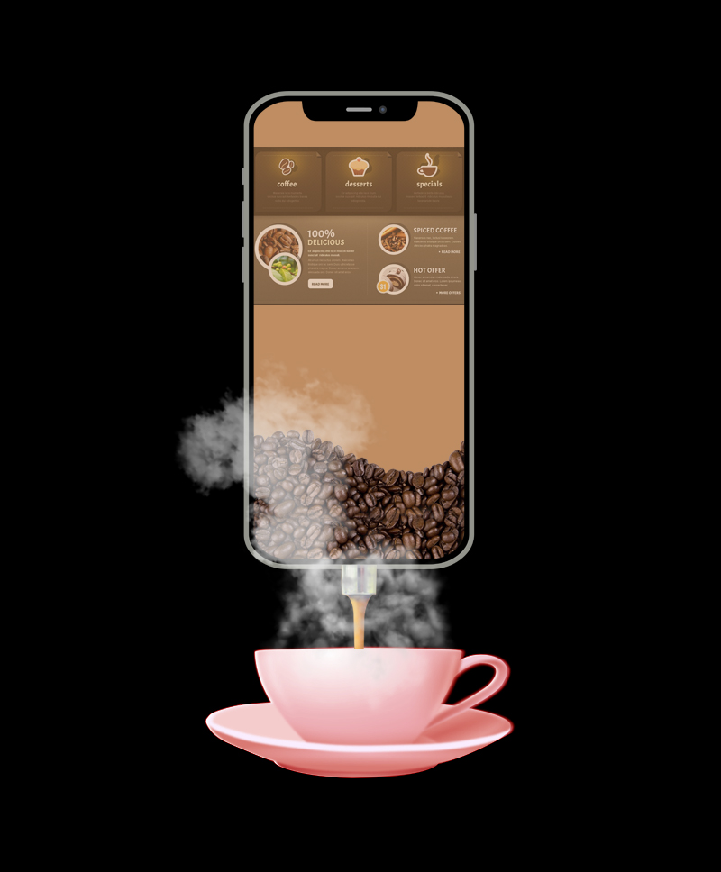 Creative image showing a smartphone with a coffee app interface, pouring virtual coffee beans into a steaming pink cup below.