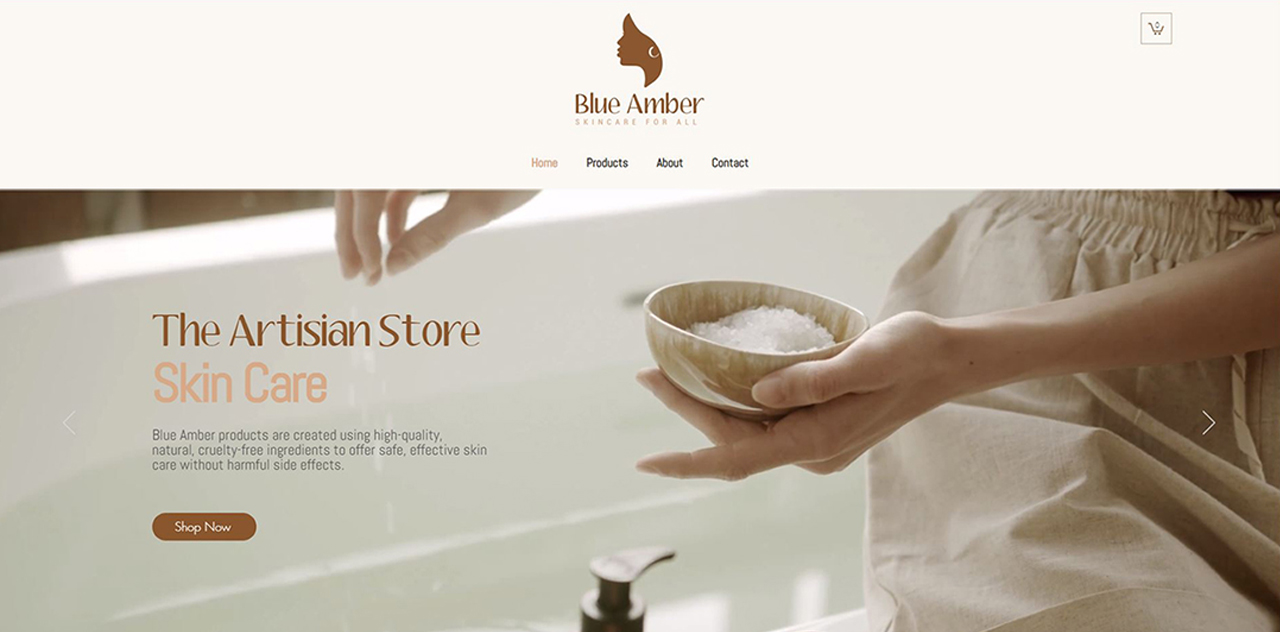 Homepage of Skincare website featuring a woman holding a bowl of natural skincare ingredients with promotional text for The Artisian Store Skin Care