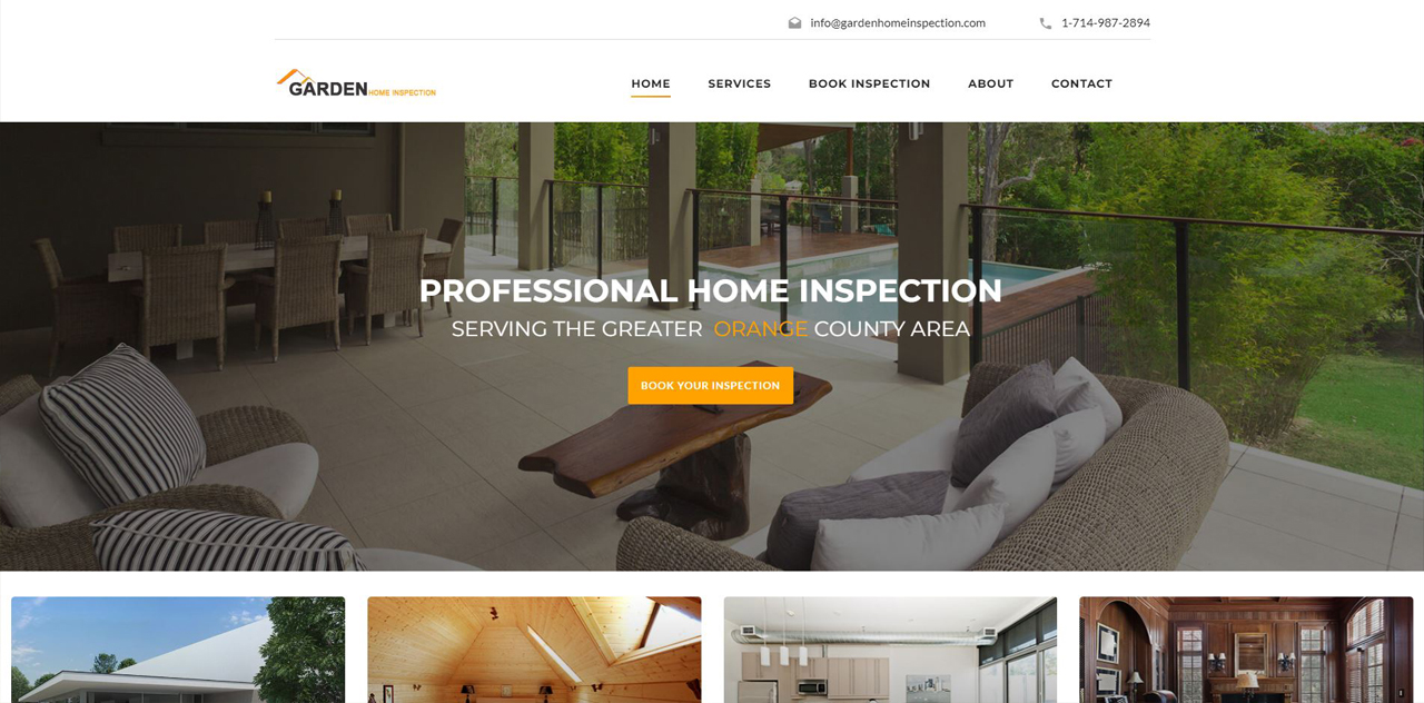 Homepage of Garden Home Inspection website featuring a banner for professional home inspection services in Los Angeles and Orange County, with clickable options for different types of property inspections.