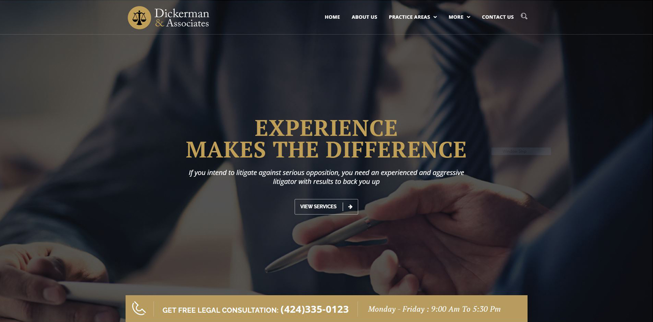 Homepage banner for law firm showcasing a slogan 'EXPERIENCE MAKES THE DIFFERENCE' with a background image of a man holding a pen, emphasizing the law firm's expertise.