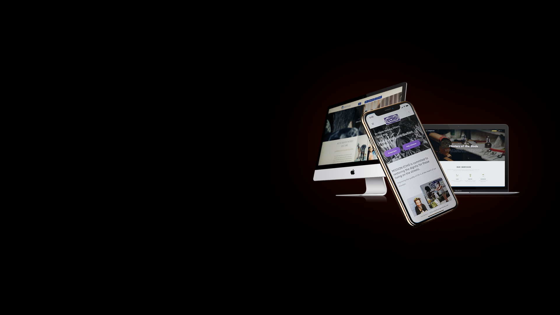 Digital devices showcasing responsive web designs: An iMac, iPhone, and MacBook each display different webpages, against a dark background.