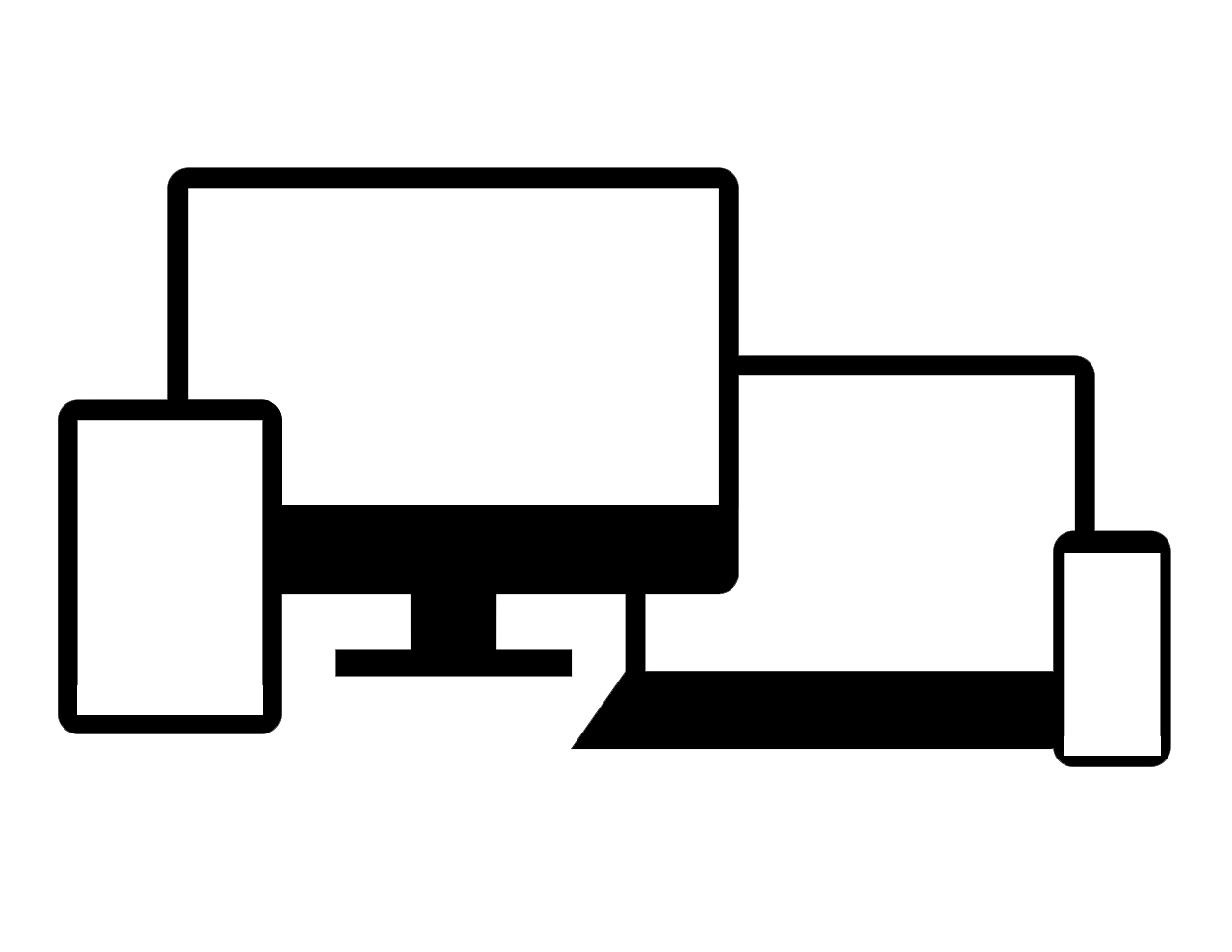 Silhouette of a desktop, laptop, tablet, and mobile phone, depicted in a simple, solid black graphic.